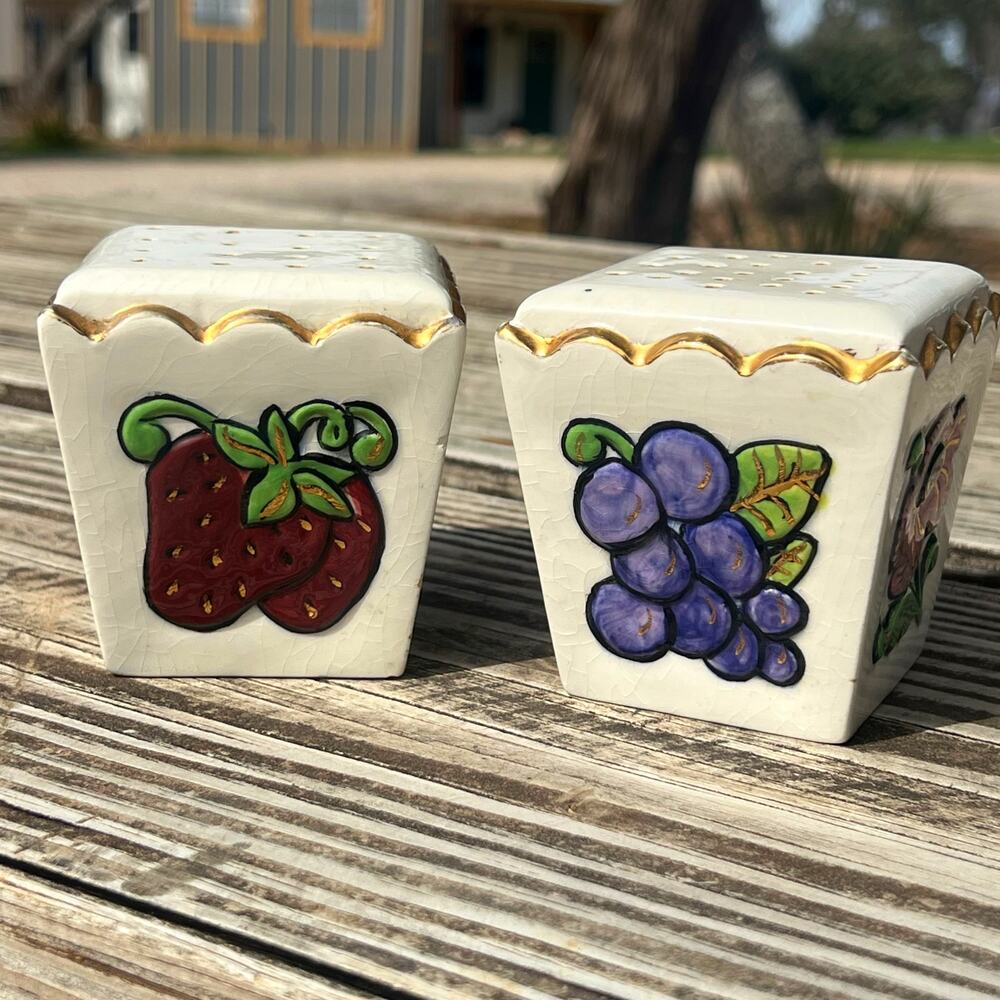 Vintage Hand Painted Ceramic Square Salt Pepper Shakers Gold Trim MCM Set Fruit
